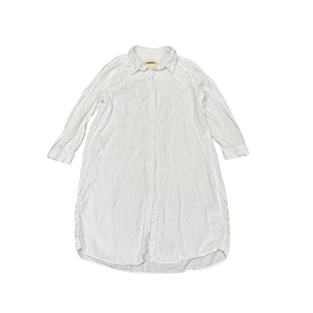 L'AGENCE Bella White Linen 3/4 Sleeve Button Down Shirt Dress Large L Coastal